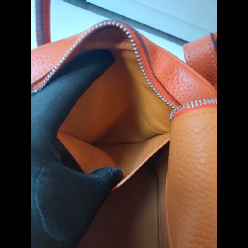 Hermes 銀釦橘拼色皮革Lindy 34-22
