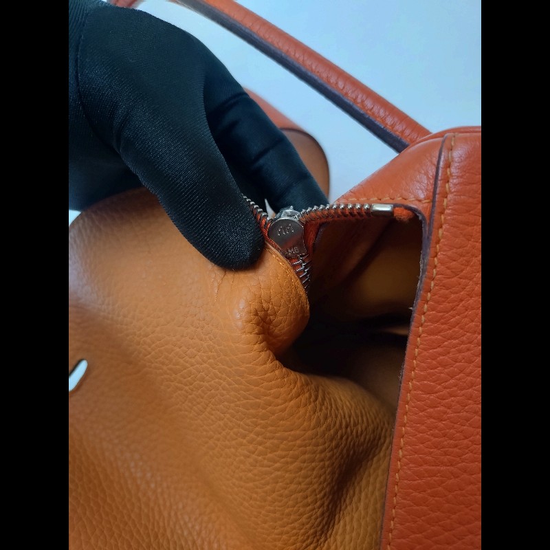Hermes 銀釦橘拼色皮革Lindy 34-30