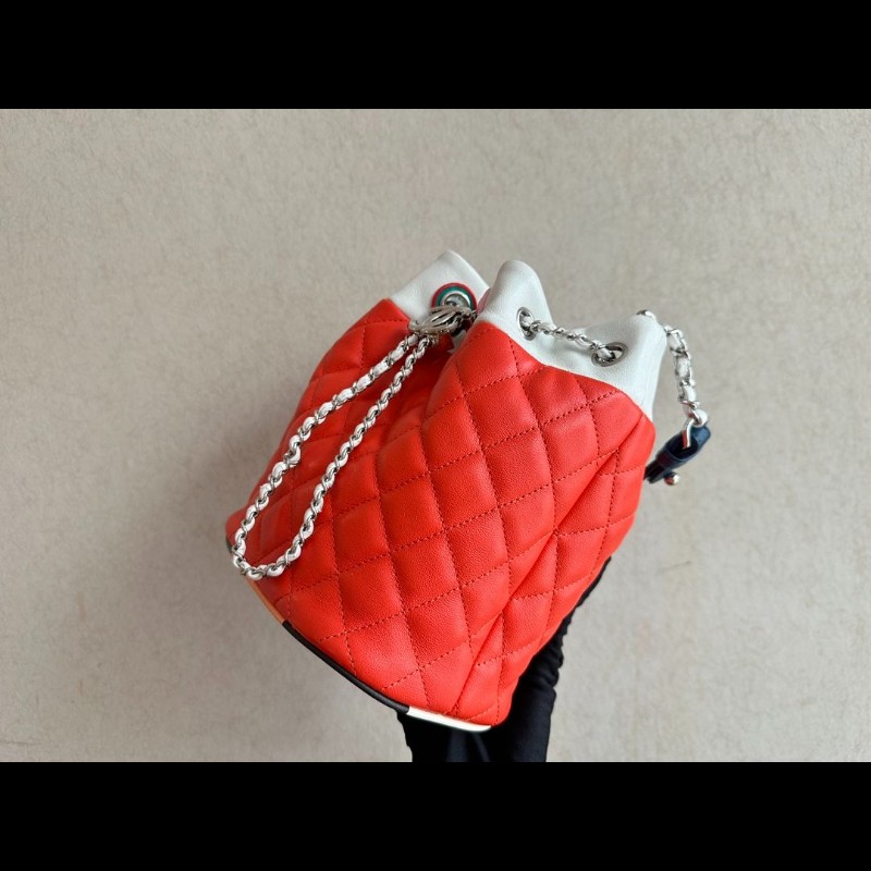 Chanel 橘白色雙拼牛皮水桶包-2