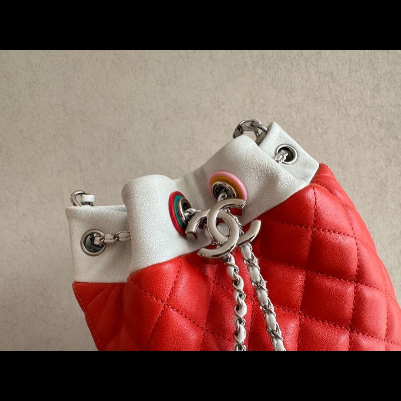 Chanel 橘白色雙拼牛皮水桶包-3