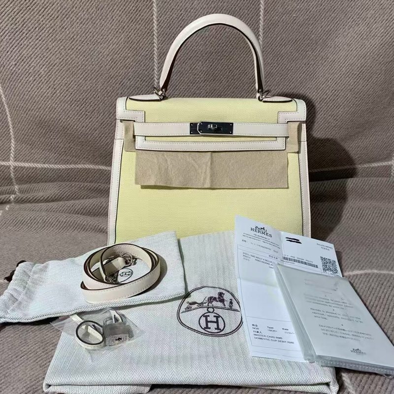 Hermes Kelly28奶油白拼小雞黃帆布拼u刻-0