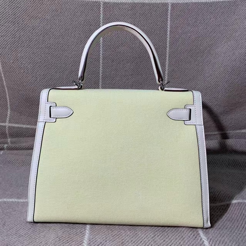 Hermes Kelly28奶油白拼小雞黃帆布拼u刻-2