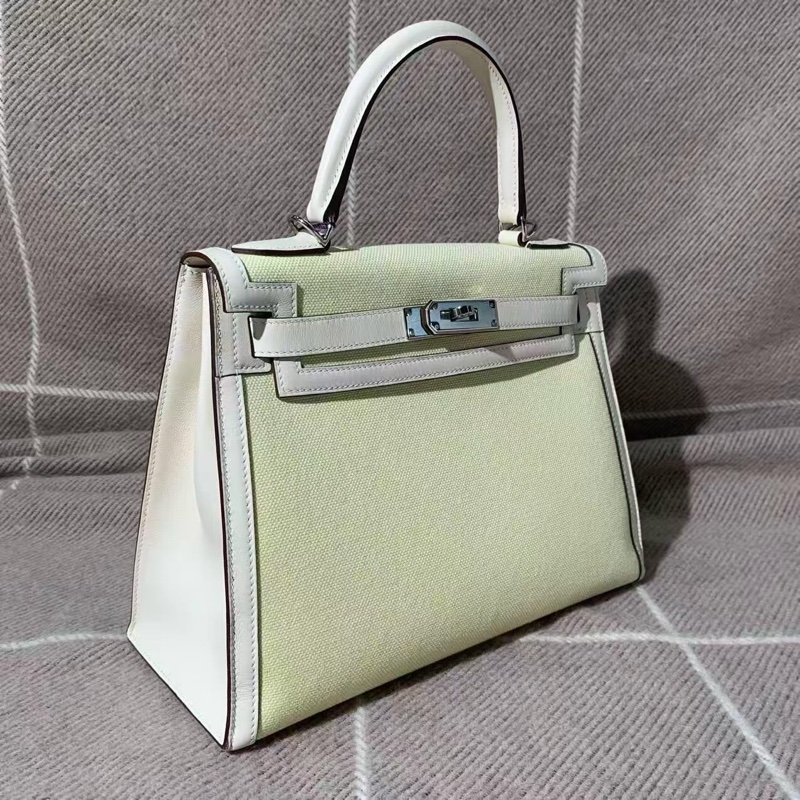 Hermes Kelly28奶油白拼小雞黃帆布拼u刻-5