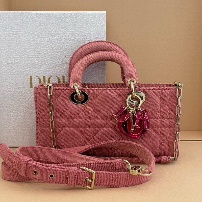 Dior D-joy 粉色牛仔 丹寧橫版戴妃 中號 新款鏈條包-0