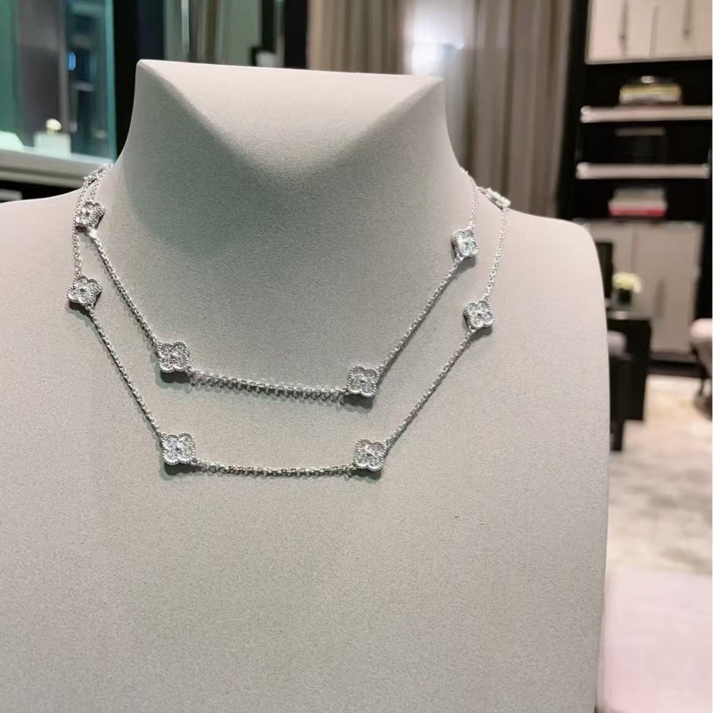 梵克雅寶 VCA Sweet Alhambra長項鍊16花mini滿鑽 白金 項鍊-6