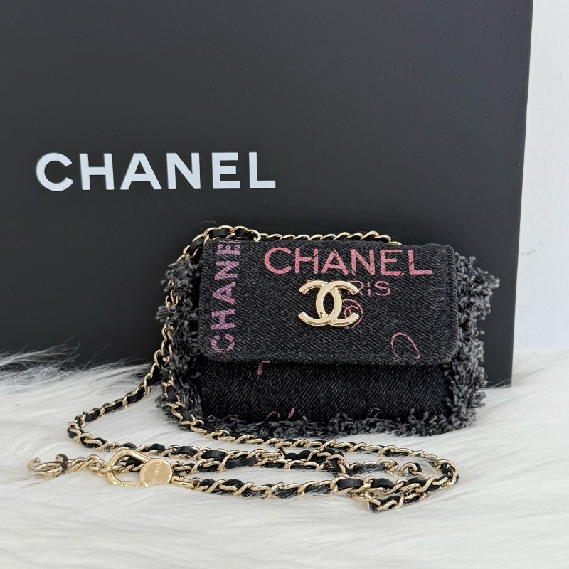 Chanel 黑灰色塗鴉牛仔mini 鏈條包-0