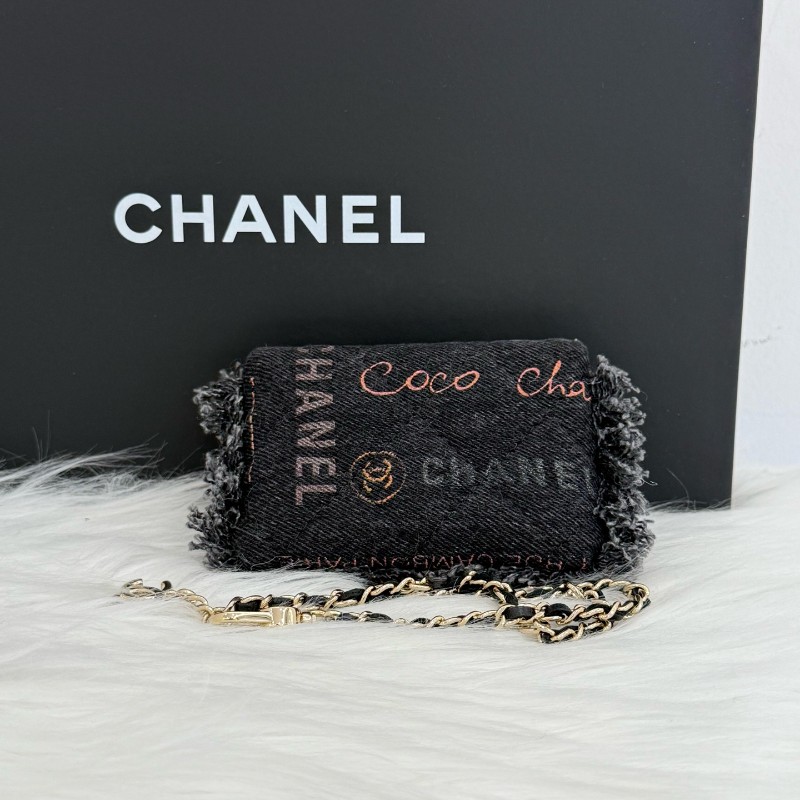 Chanel 黑灰色塗鴉牛仔mini 鏈條包-1