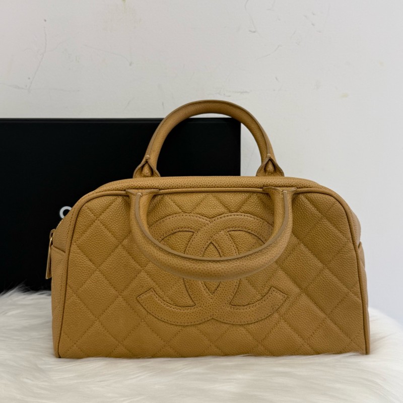 Chanel 奶茶色小號保齡球 荔枝牛皮 手提包-0