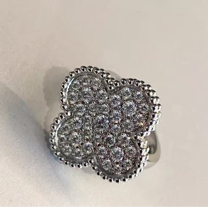 VCA梵克雅寶magic alhambra 51號 白金滿鑽大號四葉草戒指-3