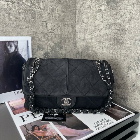 Chanel 麂皮霧面 機場包 黑銀翻毛皮 麻