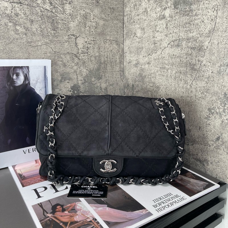 Chanel 麂皮霧面 機場包 黑銀翻毛皮 麻-0