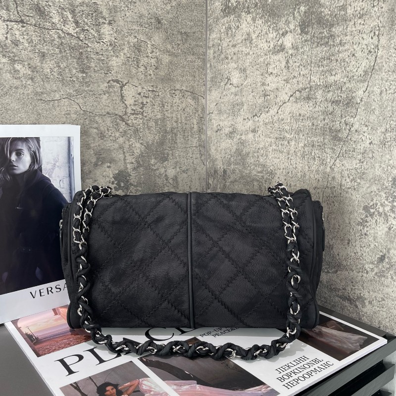 Chanel 麂皮霧面 機場包 黑銀翻毛皮 麻-1