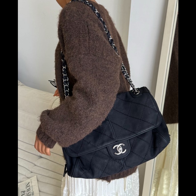 Chanel 麂皮霧面 機場包 黑銀翻毛皮 麻-4