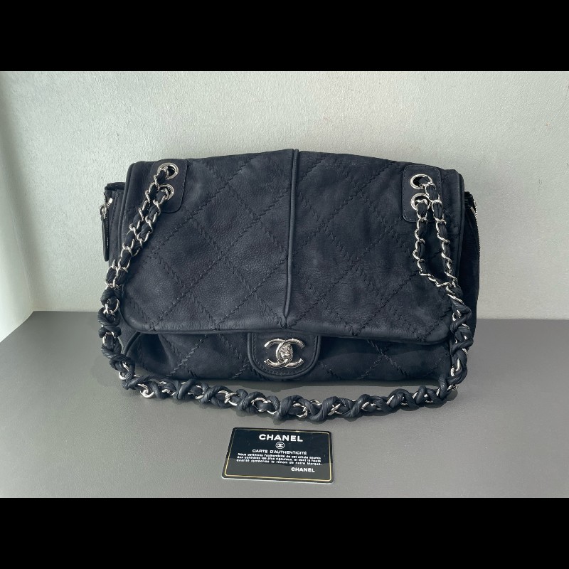 Chanel 麂皮霧面 機場包 黑銀翻毛皮 麻-5