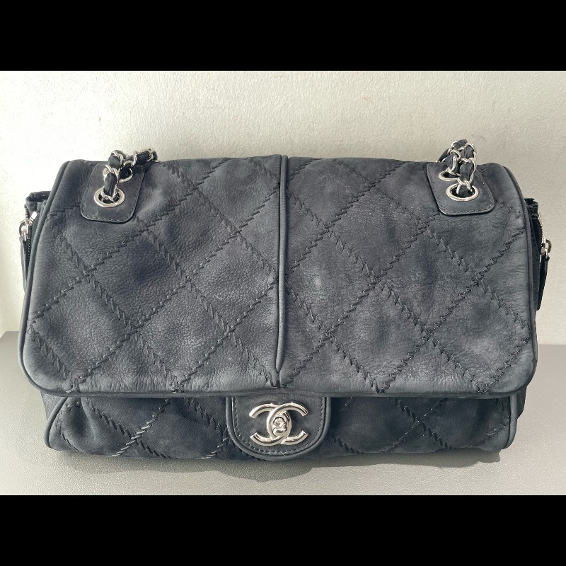 Chanel 麂皮霧面 機場包 黑銀翻毛皮 麻-6