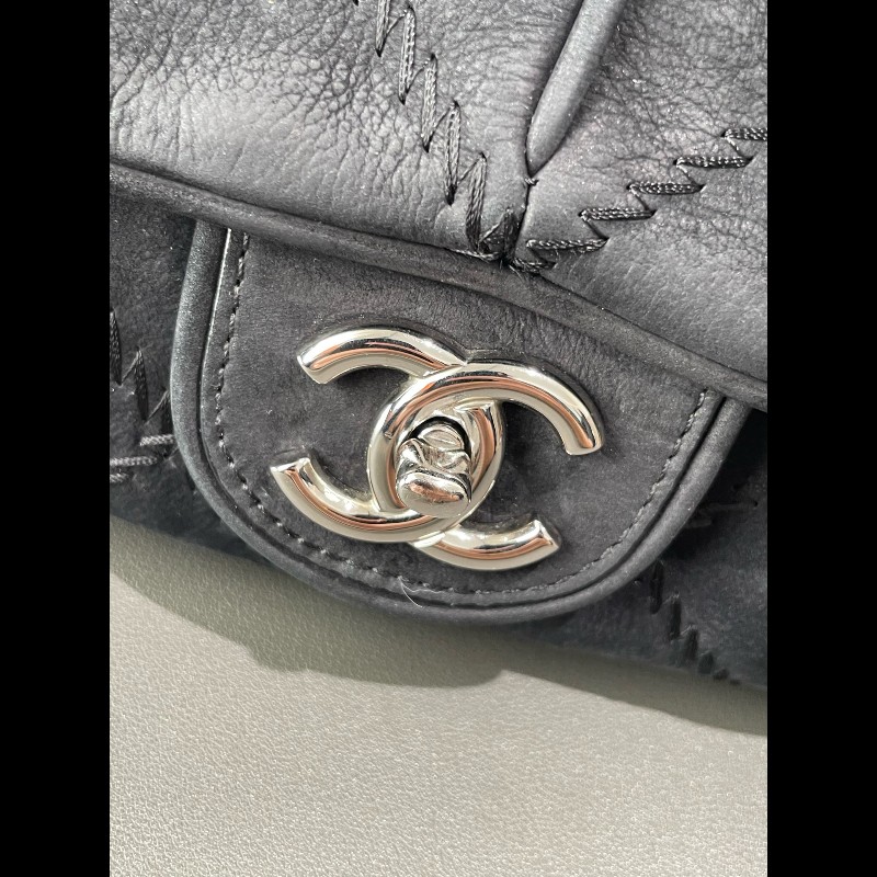 Chanel 麂皮霧面 機場包 黑銀翻毛皮 麻-7