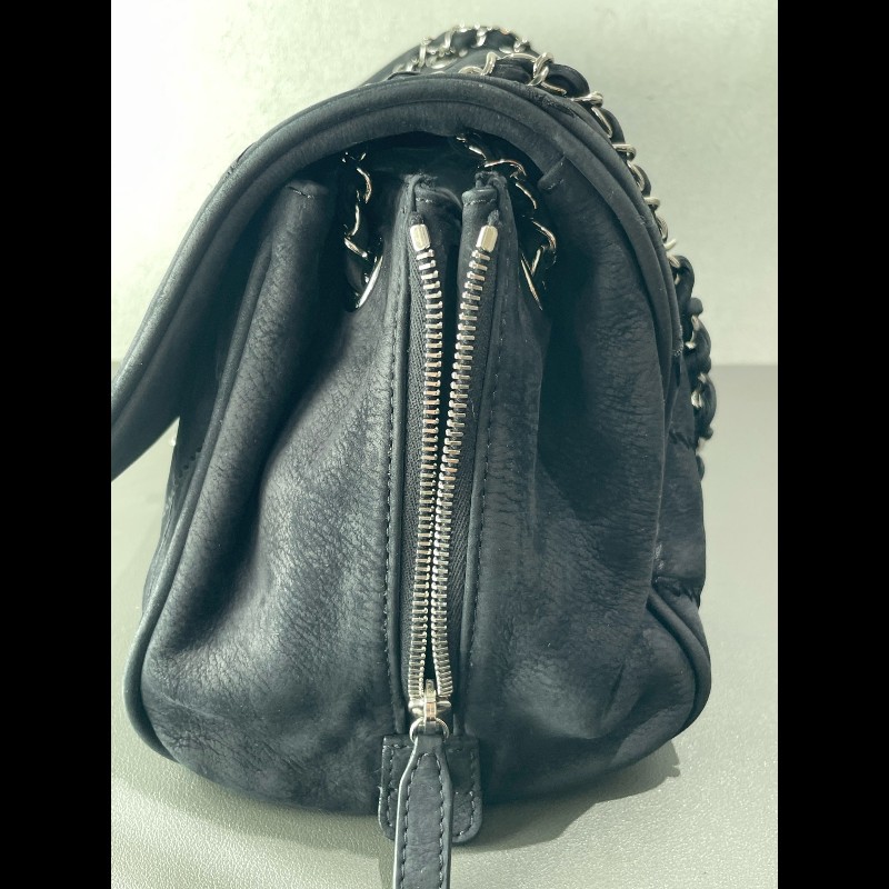 Chanel 麂皮霧面 機場包 黑銀翻毛皮 麻-8