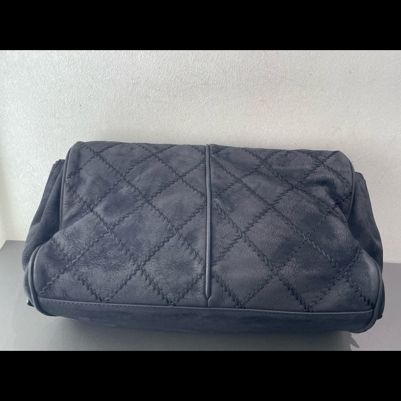 Chanel 麂皮霧面 機場包 黑銀翻毛皮 麻-9