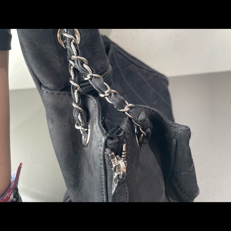 Chanel 麂皮霧面 機場包 黑銀翻毛皮 麻-18