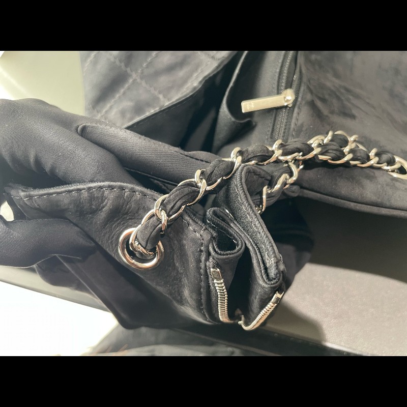 Chanel 麂皮霧面 機場包 黑銀翻毛皮 麻-21