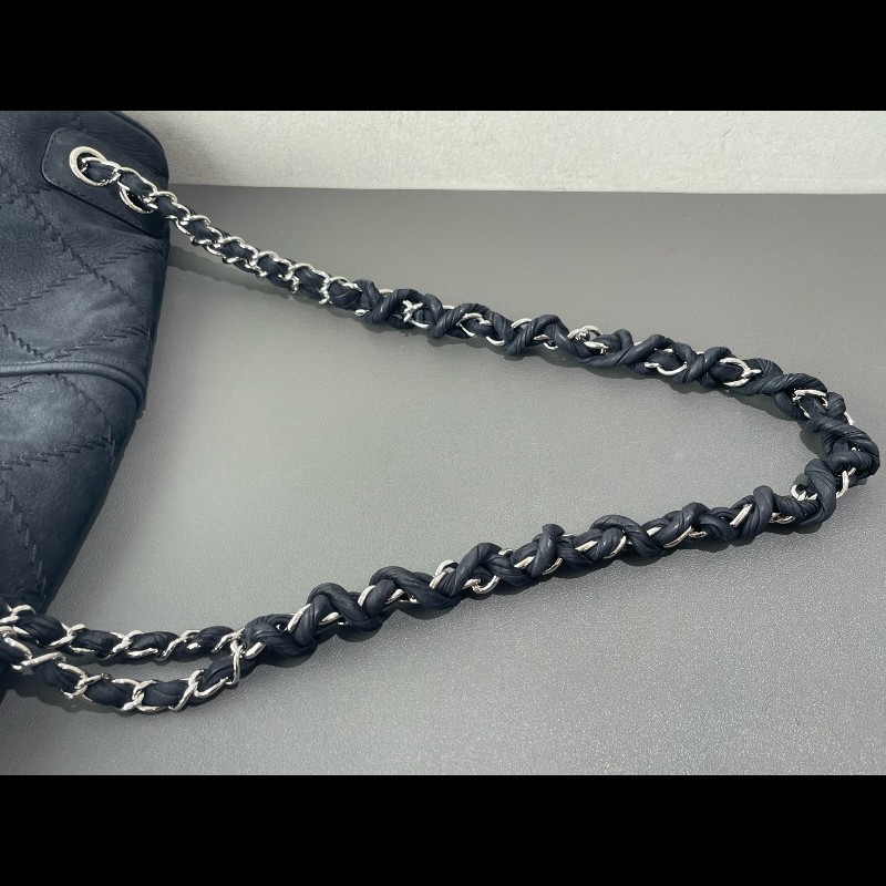 Chanel 麂皮霧面 機場包 黑銀翻毛皮 麻-27