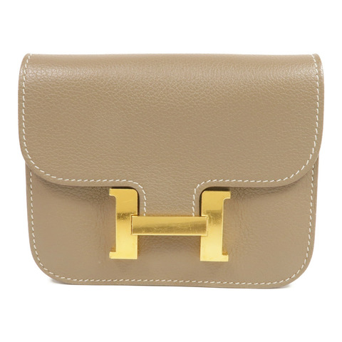 HERMES Evercolor皮革Constance Slim Wallet金扣錢包Etoupe