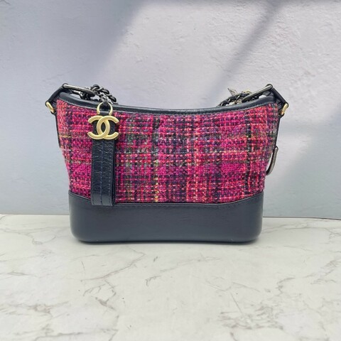 Chanel 毛呢編織流浪包 小號 玫粉色拼色