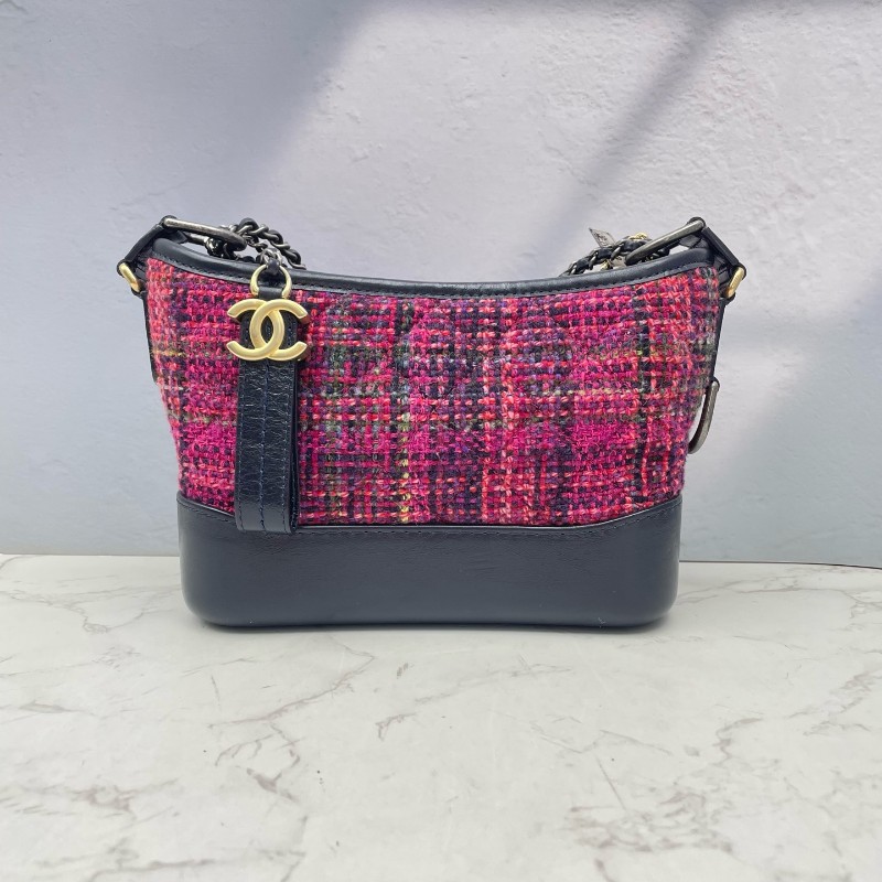Chanel 毛呢編織流浪包 小號 玫粉色拼色-0