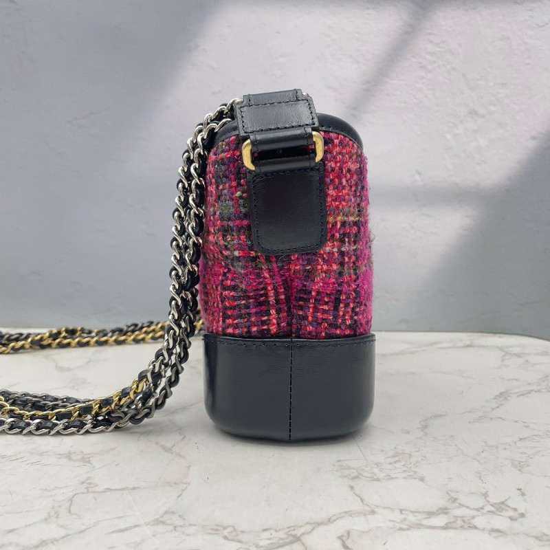 Chanel 毛呢編織流浪包 小號 玫粉色拼色-2