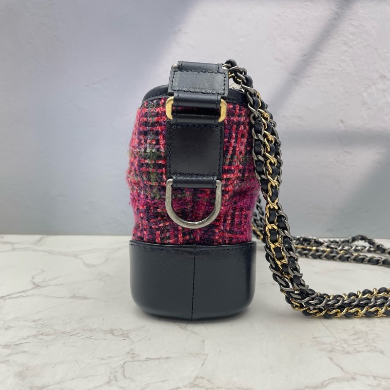 Chanel 毛呢編織流浪包 小號 玫粉色拼色-3