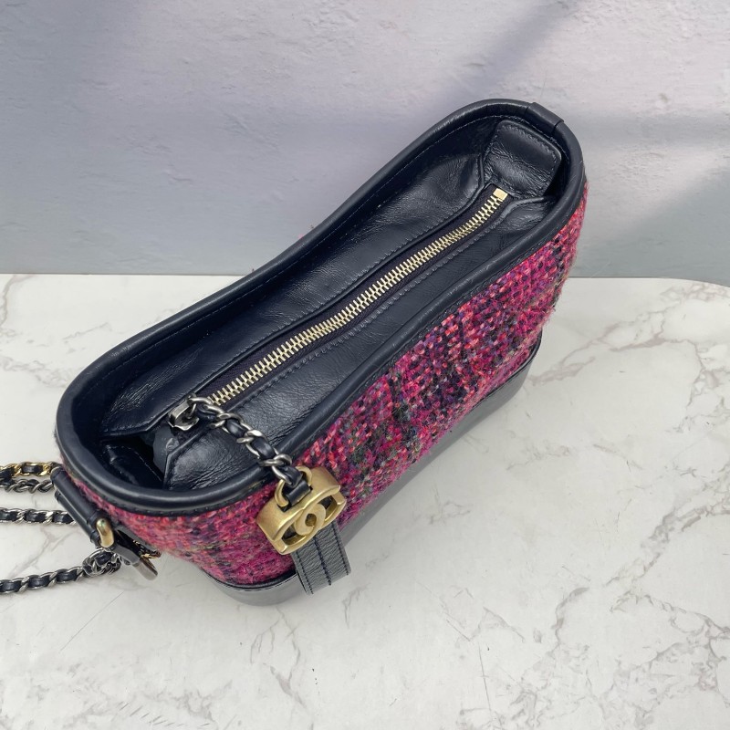 Chanel 毛呢編織流浪包 小號 玫粉色拼色-4