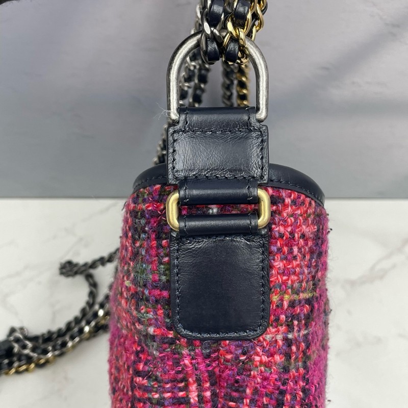 Chanel 毛呢編織流浪包 小號 玫粉色拼色-10