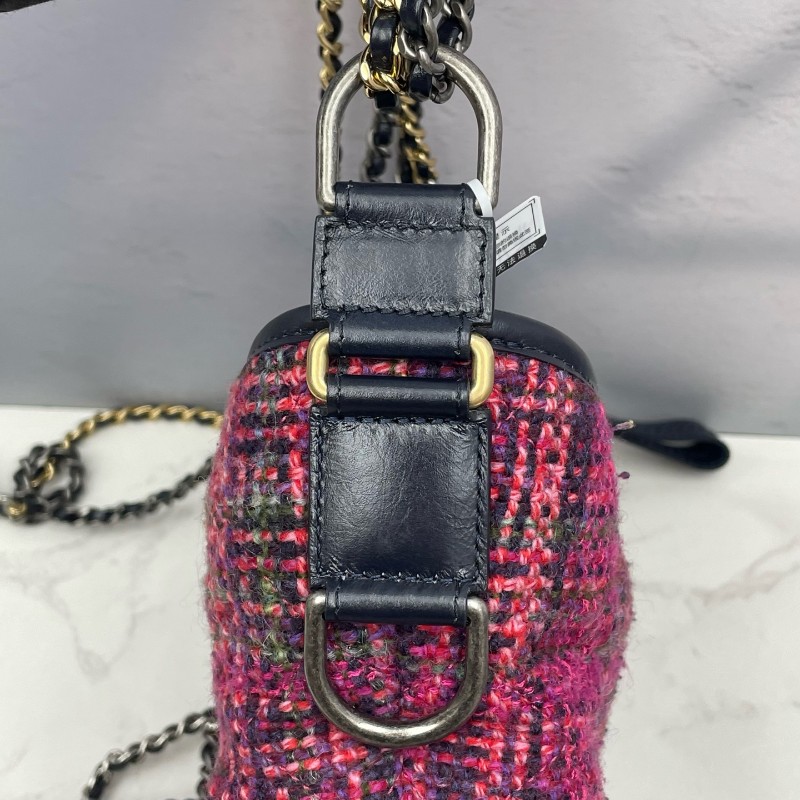 Chanel 毛呢編織流浪包 小號 玫粉色拼色-11