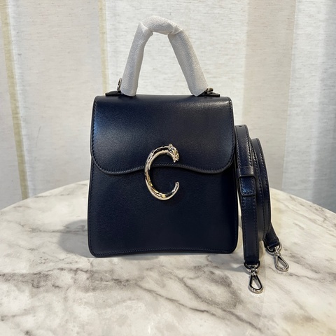 Cartier 深藍滑面牛皮銀釦美洲豹翻釦下蓋手提肩斜背包