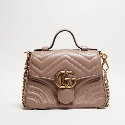 GUCCI GG Marmont 經典金屬雙G LOGO迷你手提兩用包(奶茶色）