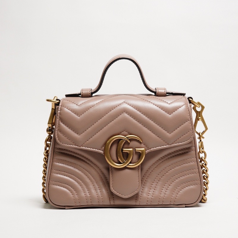 GUCCI GG Marmont 經典金屬雙G LOGO迷你手提兩用包(奶茶色)-0