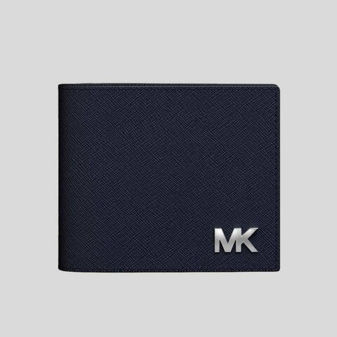 Michael Kors MK 男生 皮夾 藍色素面 立體鐵牌字母 1+1可拆式夾層 男款 短夾