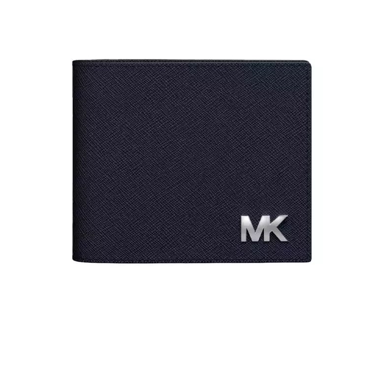 Michael Kors MK 男生 皮夾 藍色素面 立體鐵牌字母 1+1可拆式夾層 男款 短夾-1