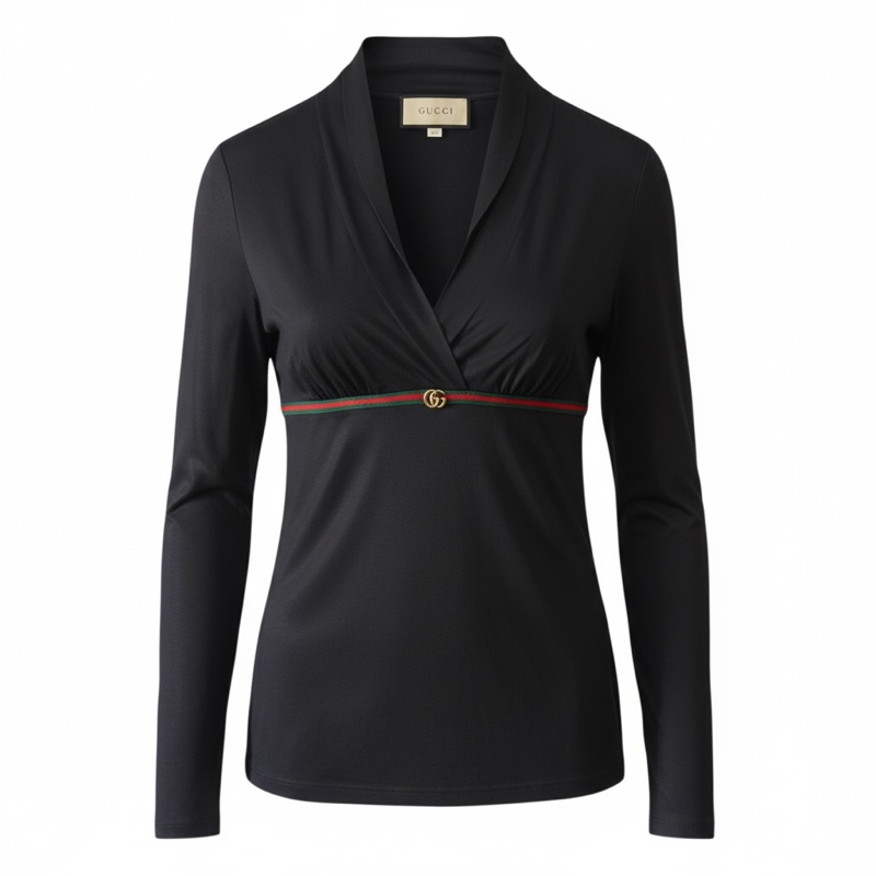 GUCCI黑色棉質低V領上衣-0