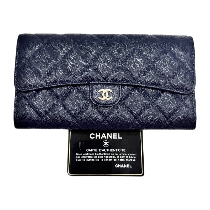 【1705】香奈兒 Chanel 菱格長款錢包 深藍色 金扣 荔枝皮-0