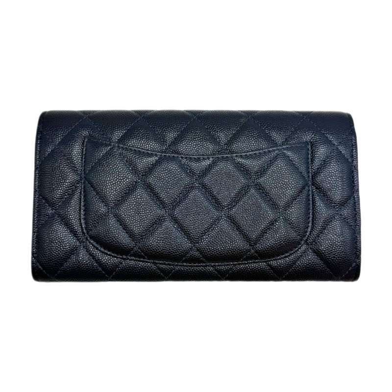 【1705】香奈兒 Chanel 菱格長款錢包 深藍色 金扣 荔枝皮-1