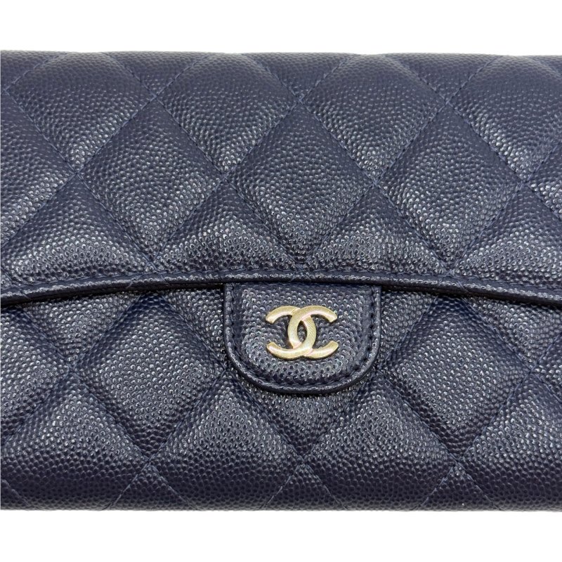 【1705】香奈兒 Chanel 菱格長款錢包 深藍色 金扣 荔枝皮-6