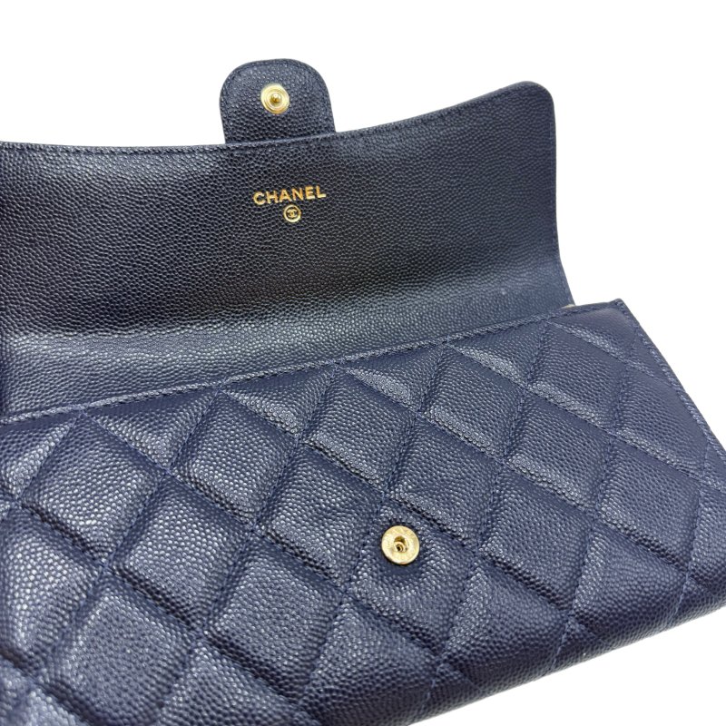 【1705】香奈兒 Chanel 菱格長款錢包 深藍色 金扣 荔枝皮-7