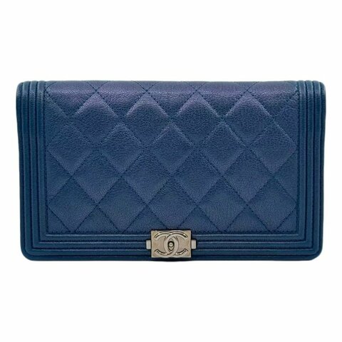 【1568】香奈兒 Chanel Le Boy 長款錢包 藍色 銀扣  荔枝皮