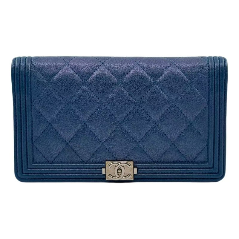 【1568】香奈兒 Chanel Le Boy 長款錢包 藍色 銀扣  荔枝皮-0