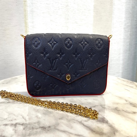 LV 海軍藍牛皮壓紋紅油邊三合一鏈包