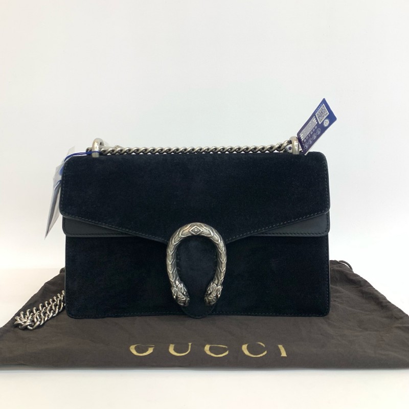 Gucci/古馳黑色麂皮酒神中號鏈條單肩包-0