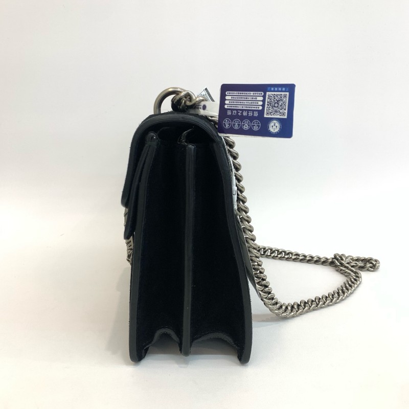 Gucci/古馳黑色麂皮酒神中號鏈條單肩包-2