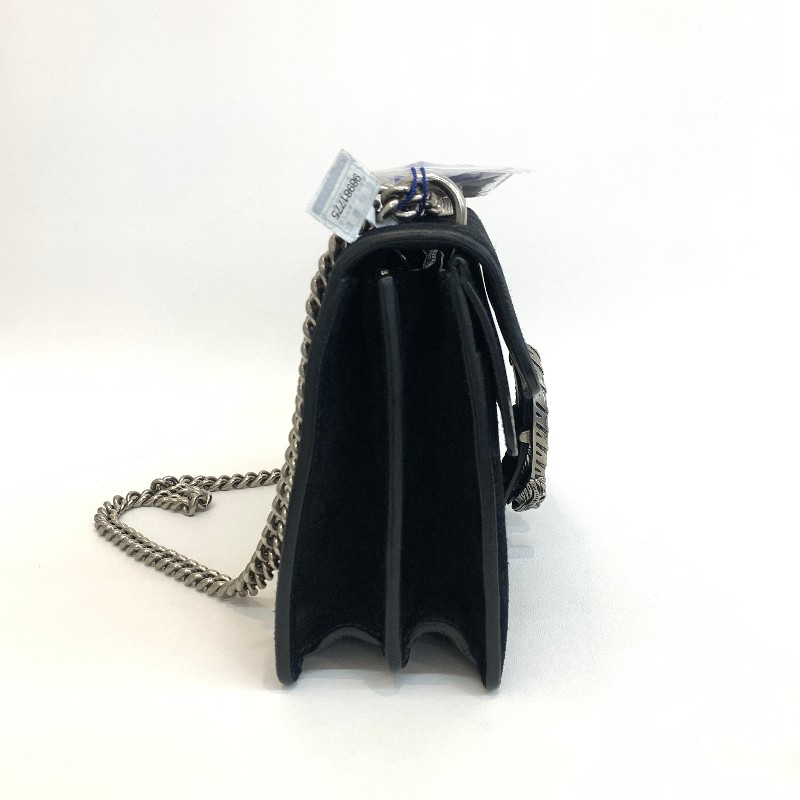 Gucci/古馳黑色麂皮酒神中號鏈條單肩包-3