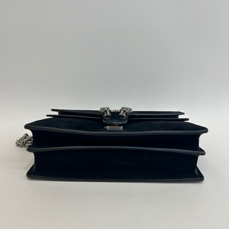 Gucci/古馳黑色麂皮酒神中號鏈條單肩包-4